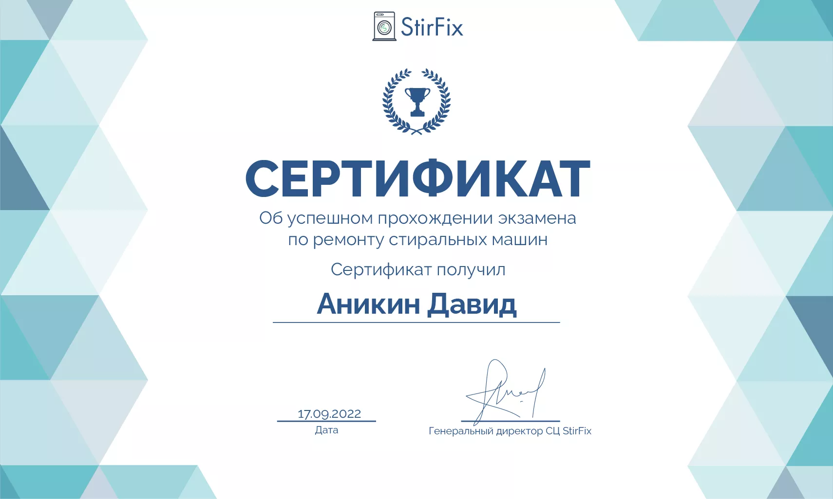 Аникин Давид сертификат мастера по ремонту стиральных машин