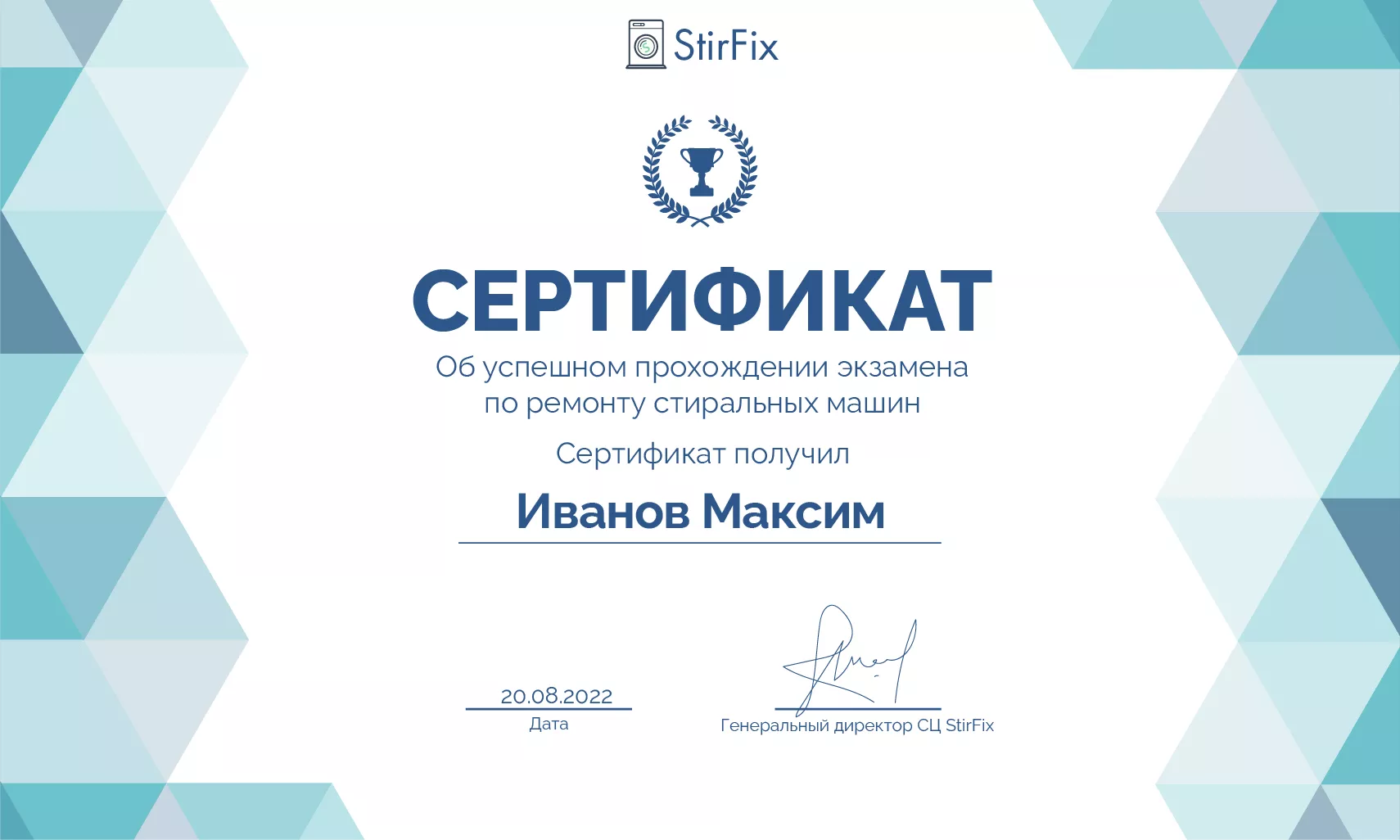 Иванов Максим сертификат мастера по ремонту стиральных машин